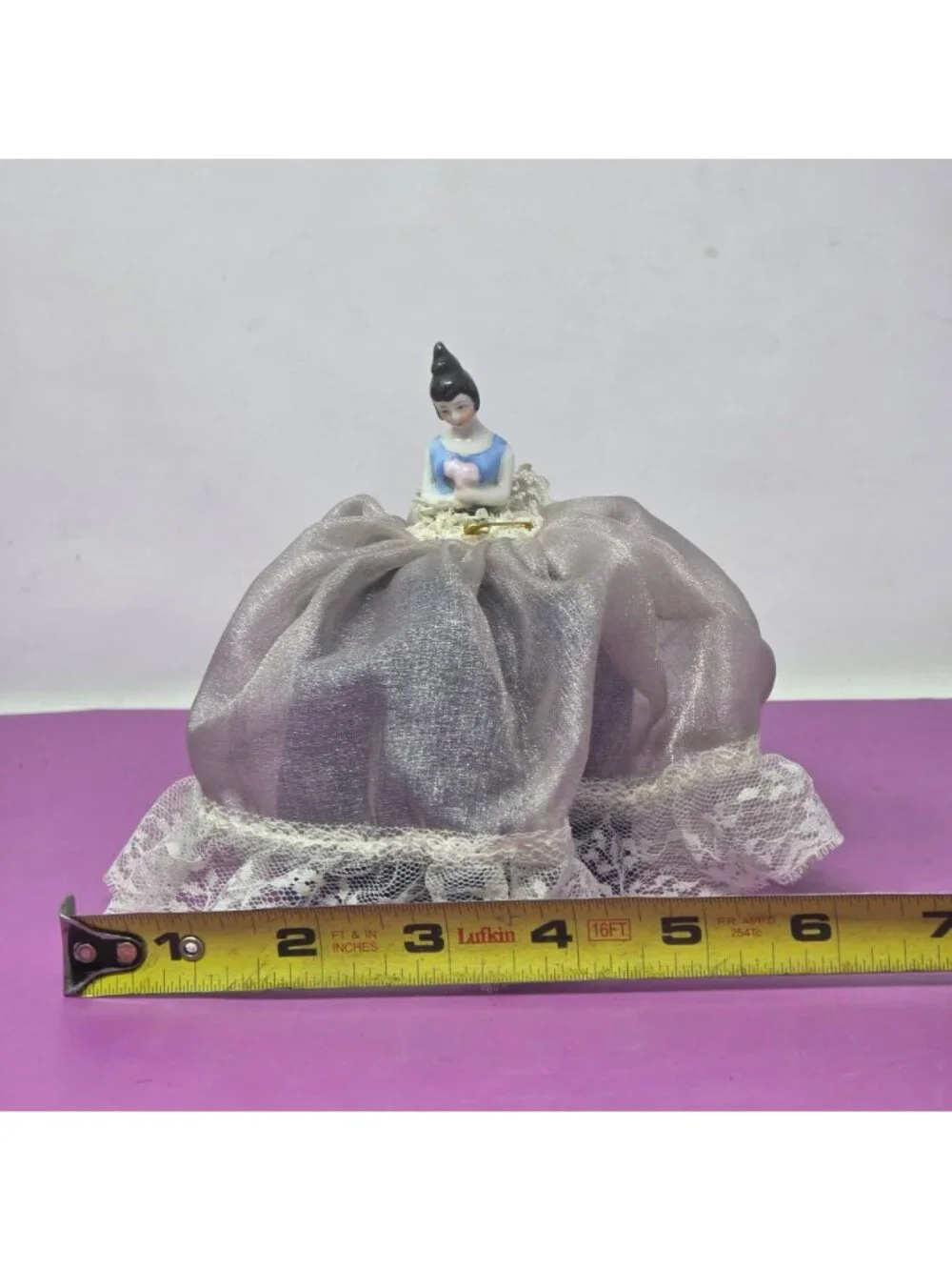 Antique Style Porcelain Half Doll Pin Cushion Lace Skirt Sewing Figurine